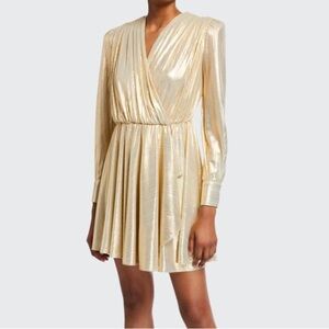 MSGM Metallic V-Neck Long Sleeve Mini Dresss Elegant Gold Women's Cuffs Size 44